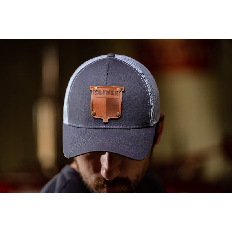 Oliver Tractor Hat with Leather Emblem, Gray/White Mesh