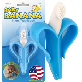 Baby Banana® Blue Teether-Toothbrush, Infant to Toddler, Made in USA, Butter-Soft Bristles for Gums and Teeth, Bendable Food Grade Silicone, Family-Owned Business Since 2009, 11 Million+ Sold.