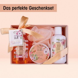 Accentra Set doccia da donna Honey Jasmine in bella confezione regalo – Set di 4 pezzi con gel doccia, lozione per il corpo, burro per il corpo e spugna a rete – Set regalo per San Valentino e festa