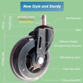WakeTek Office Chair Caster, a Kind of Soft and Wear-Resistant Chair Wheels Replacement, with Removal Tools, Can Roll Safely, Smoothly and Quietly on Hardwood or Carpet, and Can Support 650 LBS.