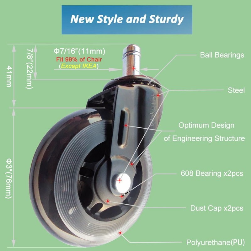 WakeTek Office Chair Caster, a Kind of Soft and Wear-Resistant