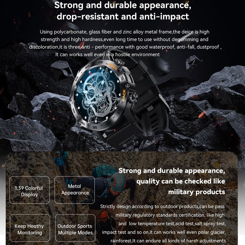 Black Outdoor Smartwatch with Speaker Waterproof Dustproof LCD Bluetooth Intelligent