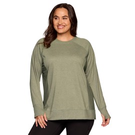RBX Active Fashion Women's Yoga Tunic Sweatshirt, Lightweight French Terry Long Sleeve Top with Thumbholes & Ribbed Side, Sage Leaf Heather, X-Small