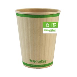 Responsible Products 12 oz Rigid Insulated Paper Hot Cups (squat), Tree-Less™ Compostable Insulated Coffee Cups, Tree-Free, Made Without PFAS, Natural Brown (25 Count)