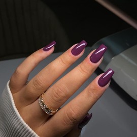 SXVME Berry False Nails Long Square, Acrylic Press on Nails Long Medium Coffin, Glossy Gel Fake Nails Press on, Solid Color Square Tip Nails Stick on Nails For Women Daily Wear, 24 Pcs