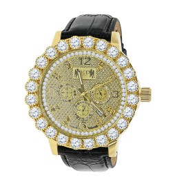 ICE HOUSE Solitaire Bezel Real Diamonds Dial Gold Tone W/Date Genuine Leather Band Watch