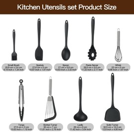MAXCOOK Silicone Black Cooking Utensil Set, 9 Pieces kitchen Utensil Set, Nonstick Tools Spatula Set, Heat Resistant Spatula Ladle Spoon Pasta Server for Cooking (Dishwasher safe)