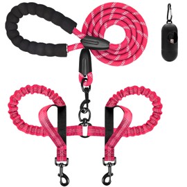 Dog Leash, Double Dog Leash for Two Dogs, Heavy Duty Adjustable Dual Dog Leash No Tangle, Bungee Retractable Split Multiple Leash for Walking 2 Dogs, Dog Poop Bags Trip Essentials (5.5FT-1/2”, Pink)