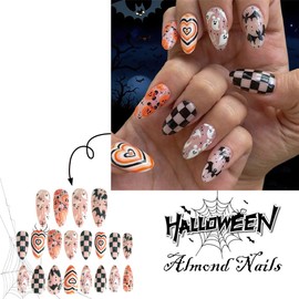 Halloween Press on Nails Medium Almond Stick on Nails with Chessboard Design Orange Love Fake Nails Black Bat Glue on Nail Holiday Glossy Ghost Pumpkin False Nail for Women Girls Manicure 24Pcs