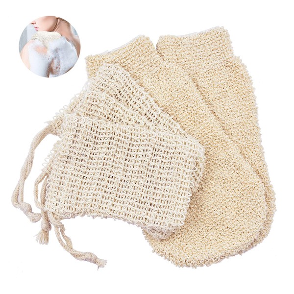 2 Packs Bamboo Fiber Exfoliating Gloves and 3 Pack Natural Sisal Soap Bags - for Foaming & Save Soaps and Shower Massage Mitts for Scrub and Remove Exfoliate
