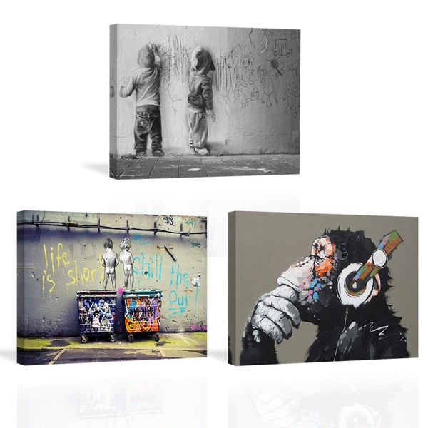 PIY PAINTING Art Poster Banksy Graffiti Canvas Painting Set,Light and Easy to Install Finished with Wooden Frame Banksy Picture Contemporary Framed Decor Wall Art Wall Art for Living Room Entryway Bedroom Office (With Wood Frame,30x40cm,3 Panels Set)