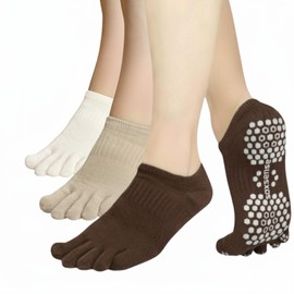 Soxsense Pilates Grip Toe Socks for Women & Men, Cushioned Low-Cut Five Finger Socks Non Slip for Yoga, Barre, Gym (US, Alpha, Large, Regular, Regular, Brown/Beige/Ivory)