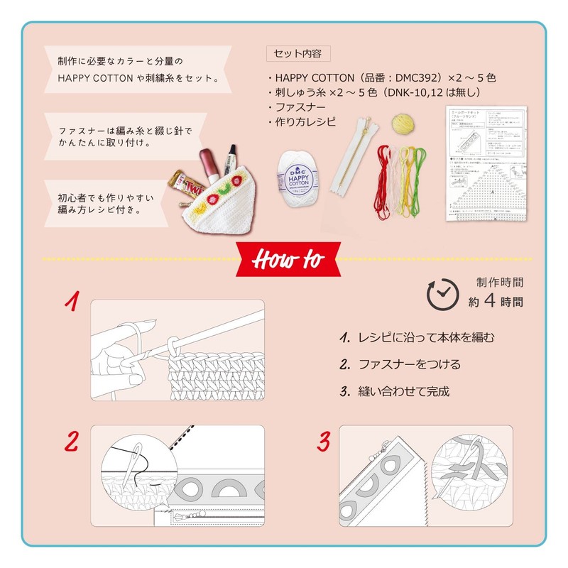 KIYOHARA HAPPY COTTONN Knitting Meal Pouch Kit, Fruit Sand, Includes