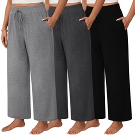 Neer 3 Pack Women's Plus Size Wide Leg Pants, Elastic Waist Lounge Pants with Pockets Drawstring Casual Pj Yoga Sweatpants(Light Grey, Dark Grey, Black,4X-Large)