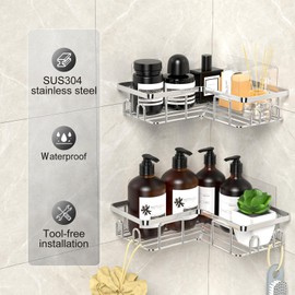 UUlioyer Stainless Steel Corner Shower Caddy, Shower Shelf No Drilling, Bath Storage with Hooks for Bathroom, Silver (2-Pack)