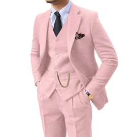 Herringbone Tweed 3 Piece Mens Suits Wool Blend Formal Party Dinner Tuxedo Set Business Suit Jacket Blazer Vest Pants for Men Pink XXL
