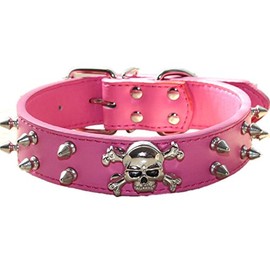 Haoyueer Spiked Leather Dog Collar - 2 Rows Bullet Rivets Studded PU Leather - Cool Skull Pet Accessories for Medium and Large Dogs(Hot Pink,M)