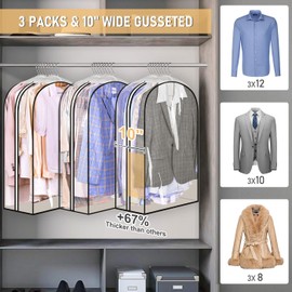 MISSLO 32" Clear Suit Bags and Garment Covers for Clothes 10" Gusseted Suit Bags for Men Women Clothes Covers Protector Bags for Shirts, Coats, 3 Packs