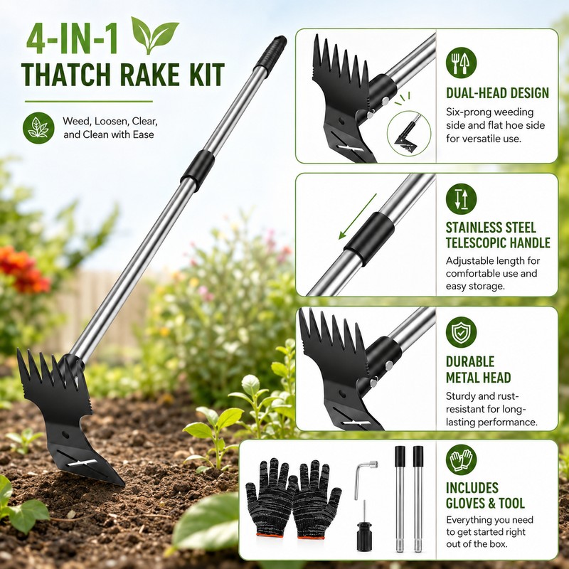 2-in-1 Garden Thatch Rake for Weeding & Soil Care –