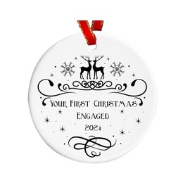 Your First Christmas Engaged Bauble | Ceramic Engagement Decoration | Engaged Couple Gift (Red and Gold Ribbon)