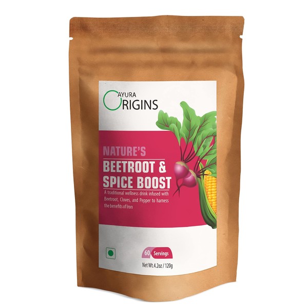 AYURA ORIGINS Nature's Beetroot & Spice Boost - Herbal Iron Supplement to Support Healthy Haemoglobin Count - Pure Beetroot Powder - Vegan, Solar Dried, No Preservatives - 4.23 oz - 60 Servings