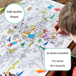 eatsleepdoodle World Map Colouring Wrapping Paper - 3 Large Sheets to Use as an Educational Colour-in Activity or Giftwrap - World Map to Colour