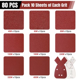 Pack of 80 sandpaper for triangular sanders, 4-hole triangular sandpaper in 8 grits (40-400), ideal for random orbital sanders, wood, metalworking, incl. 10 x each grit (40/60/80/120/180/240/320/400)