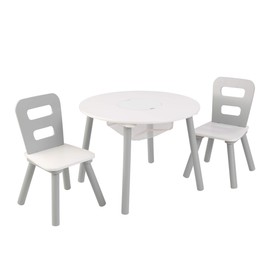 KidKraft Wooden Round Table & 2 Chair Set with Center Mesh Storage, Kids Furniture, Gray & White, Gift for Ages 3-6