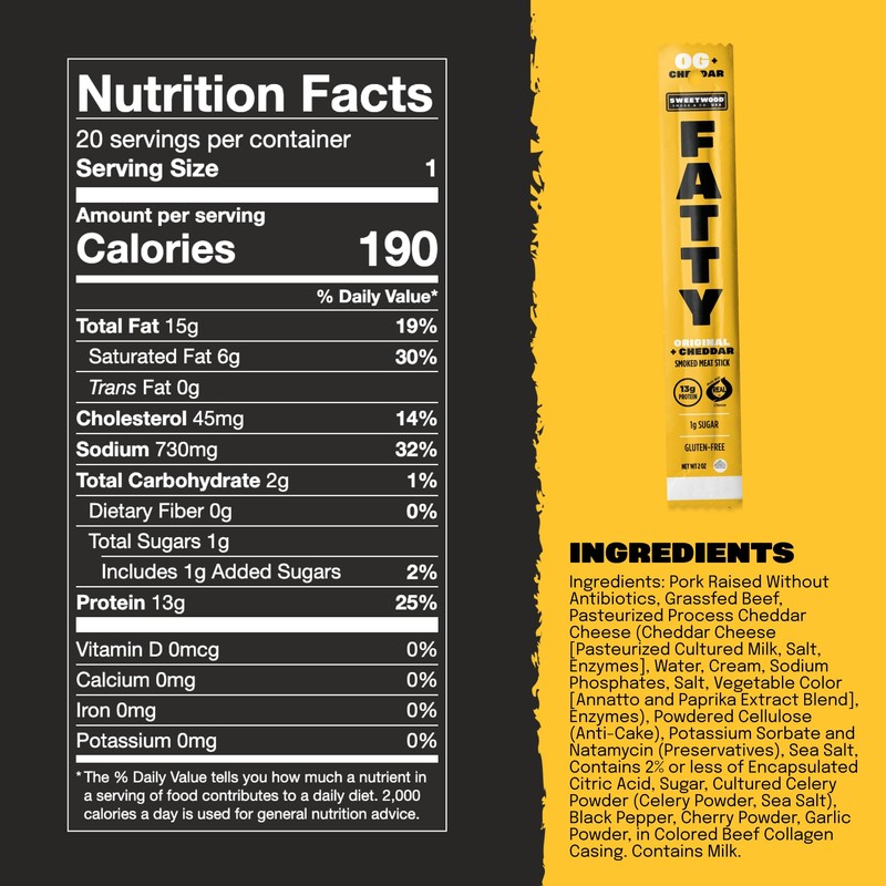 FATTY Grass-Fed Beef Smoked Meat Sticks, Original + Cheddar Flavor,