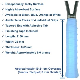 Tenletic MegaGripper Racket Overgrip Tape – Blue – 4-Pack – 0.65 mm Thickness – for Tennis, Squash, Badminton and Other Racquet Sports