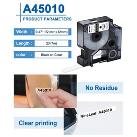 NineLeaf 6 Pack Replacement for Dymo D1 45010 S0720500 A45010 12 mm x 7 m 0.47 Inch Tapes Black on Transparent Label Tape for LabelManager 160 210D 220P LabelPoint 100 150 200 250 Labelling Device