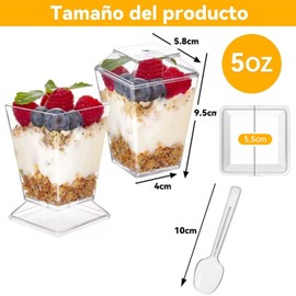 50 Tazas Tazas de Postre de 5 onzas,vasitos para postres,Vasos para Postres Cuadradas,Cucharas de Tazas de Postre Cuadradas,con tapas y cucharas para fiestas, frutas,Helados,Pasteles