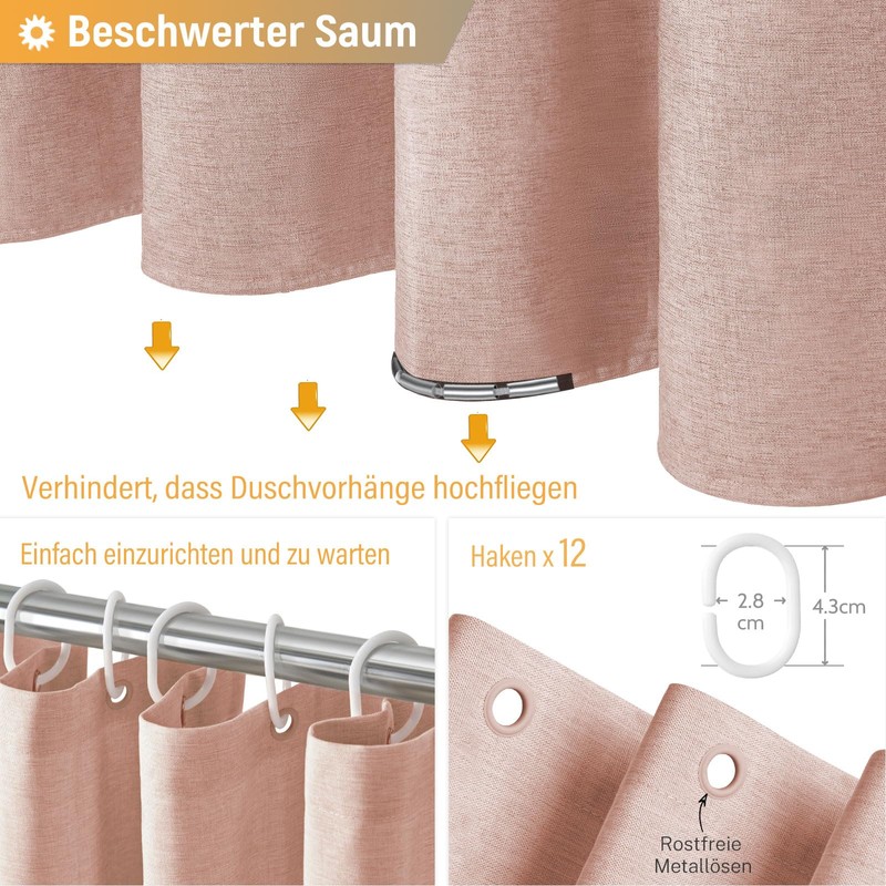 BTTN Shower Curtain Fabric 180 x 180 cm, Linen Texture,