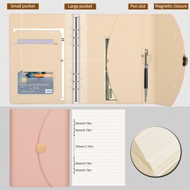 PU Leather A5 Binder Notebook, 6 Ring Budget Binder Journal Planner with Refillable Lined Loose Leaf Paper, 100 Sheets/200 Pages, Pink