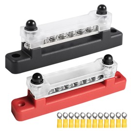 6 Terminal Single-row Bus Bar 150A BusBar Block with Cover, Ground Distribution, Power Distribution Terminal Block with 6 M4 Screws and 2 Studs, for Car Boat Marine Caravan RV