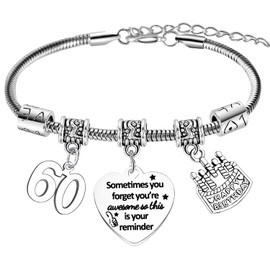 BESPMOSP Birthday Charm Bracelet for Girls Women Sweet 10th-18th Birthday Gifts 21st 30th-70th Birthday Gifts Encouragement Gift Inspirational Bracelet (60th Birthday Bracelet)