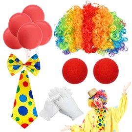 XINRANFF Clown Costume Set, 12 Pieces Clown Costume Accessory, Clown Curl Wig, Tie, Clown Nose and Gloves, Clown Bow, Carnival Costume for Children, Adults, Women