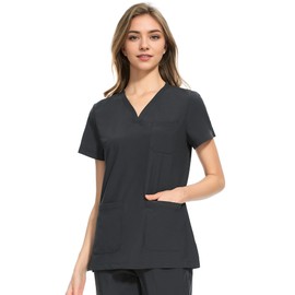 COZYFIT Medical Scrub Tops for Women - Soft Stretch,Curved V-Neck Scrub Tops with 3 Pockets,Dark Grey,XXL