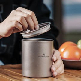 Boundless Voyage Titanium Mug with Lid 350ml Double Wall Outdoor Mug Cup Thermal Insulated Lightweight Rustproof Stacking Mug for Outdoor Camping Supplies with Mesh Bag Easy to Carry Ti3022D