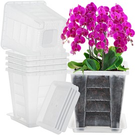 KIMERSE Square Orchid Pot, Clear Flower Pot 6 Pack 6 Inch, Root Control Planting Pots with Tray, Plastic Plant Pot for Home Balcony Orchids, Water Moss, Spider Plants