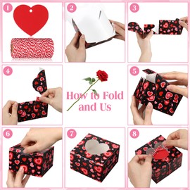 Skyygemm 50 Pcs Valentine's Day Bakery Treat Boxes Valentines Cupcake Boxes Valentines Goodie Boxes with Heart Window Bakery Take out Containers with Tags and Rope for Doughnut Cookie Candy Dessert