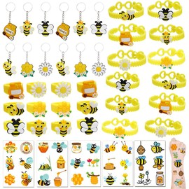 96 Pieces Bee Party Favors, Bumble Bee Theme Party Supplies Including Cute Bee Keychains, Bracelets, Ring and Temporary Tattoos for Bumble Bee Theme Party, Birthday, Shower Accessories
