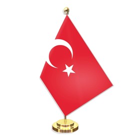 Turkey Desk Small Flag Set,5×8 Inch Mini Turks Turkish Desktop Banner,12" Metal Solid Pole Decor,Tiny Digital Printed Polyester Banner With Golden Base