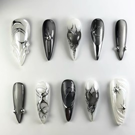 24Pcs Black Press on Nails Medium Almond Fake Nails with 3D Heart Designs Star False Nails Rhinestones Stick on Nails Black French Acrylic Nails Full Cover Glue on Nails for Women Nail Decoration