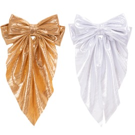 Gold & Silver Christmas Hair Bows, Shiny Satin Bow with Long Tail Hair Clips for Women, French Hair Accessories for Girls, Teens, Hair Barrettes for Parties/Weddings, Non-Slip Clip for Thick/Thin Hair