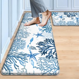 Kitchen Mats for Floor Cushioned Anti Fatigue Sets of 2 Coastal Beach Kitchen Rugs Non Slip Waterproof Nautical Coral Memory Foam Kitchen Floor Mats Comfort Standing Mat for Sink Laundry, Blue