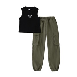 YOURUIKEY Tween Teen Girls Trendy Preppy Clothes Kids Spring Summer Outfits Sleeveless Tank Crop Top Cargo Pants Clothing Set Size 11-12