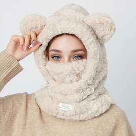 LumiSyne Winter Balaclava Hat Cute Bear Ears One-Piece Earflap Hat Mask Neck Warmer Fluffy Furry Fleece Adjustable Hood Hat