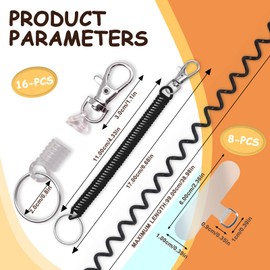 Modixun 16 Pack Retractable Spiral Spring Coil Keychain, Anti-Lost Stretchy Cord Leash Safety Key Chain with Tether Tabs, Wrist Lanyards for Keys Wallet Cellphone, Black