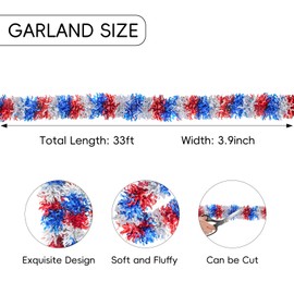 33FT 4th of July Patriotic Tinsel Garland Red White Blue Glitter Metallic Twist Foil Tinsel Garland for Independence Day Memorial Day Party Door Tree Indoor Outdoor Decoration